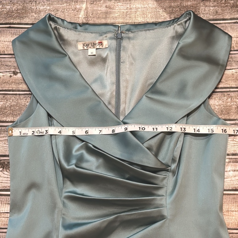 Silk Misty Blue Portrait Collar Ruched Sleeveless Tea Length Dress 10 - Picture 11 of 14
